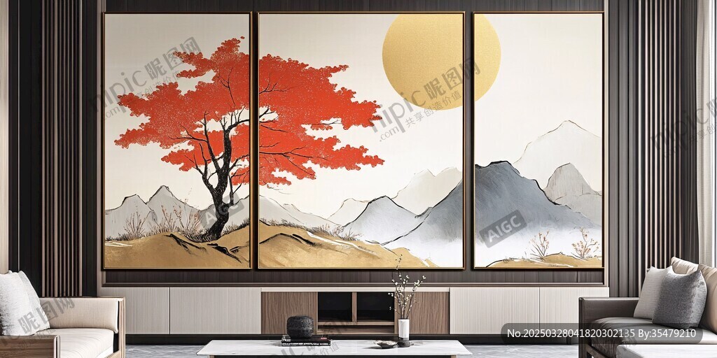 中式客厅红叶山水装饰画