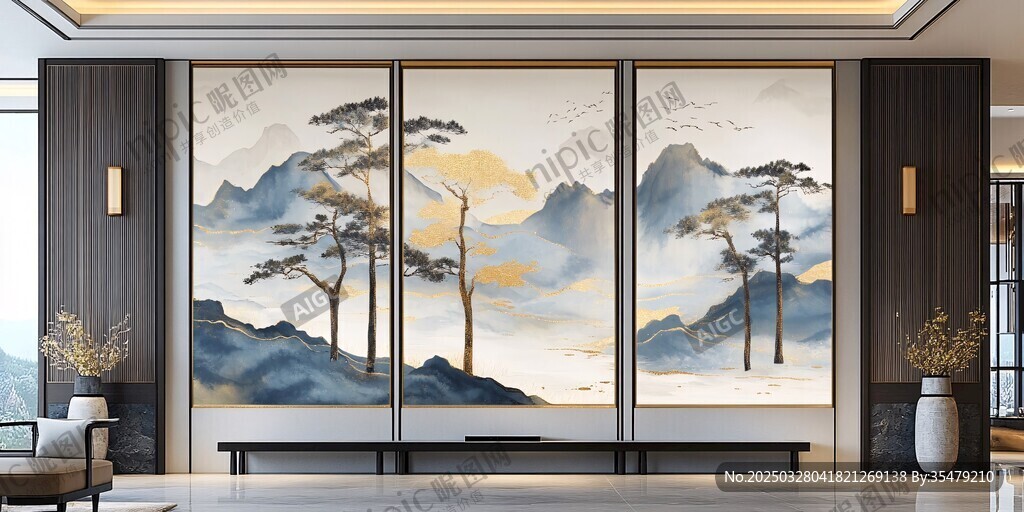 中式山水屏风 典雅客厅景致
