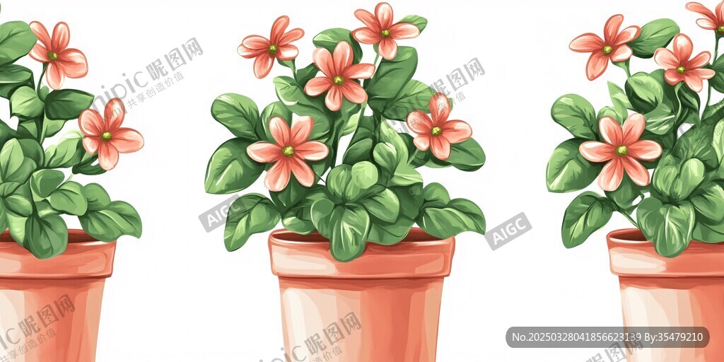 三盆娇艳花卉盆栽插画
