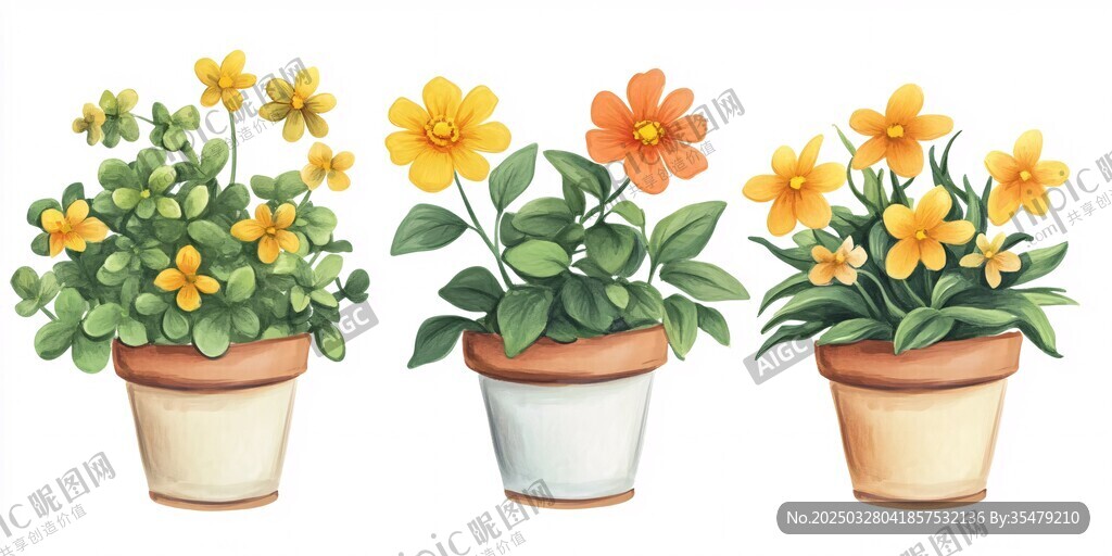 三盆盆栽花卉插画欣赏