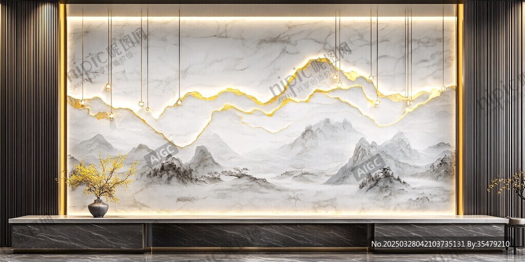 中式山水金纹背景墙装饰
