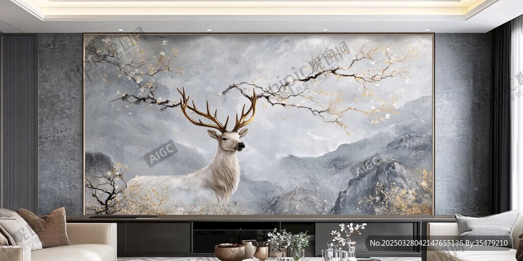 新中式客厅麋鹿山水装饰画