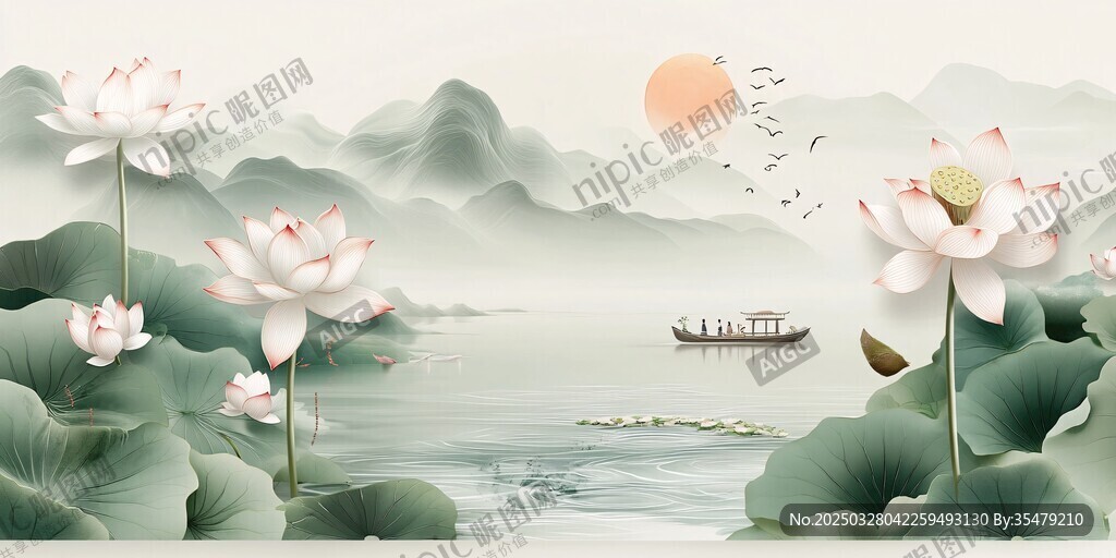 水墨荷塘泛舟图