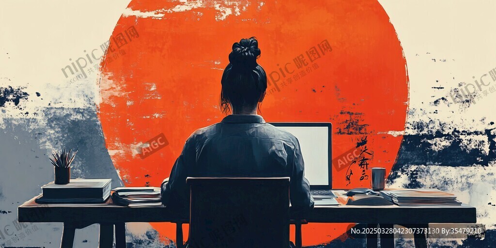 女子对坐电脑前的东方意境
