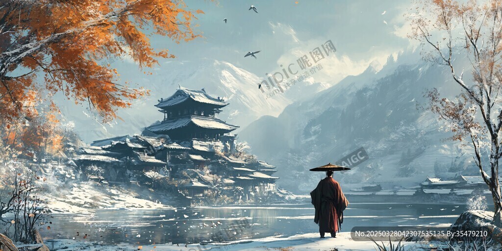 雪中古景前的独行者
