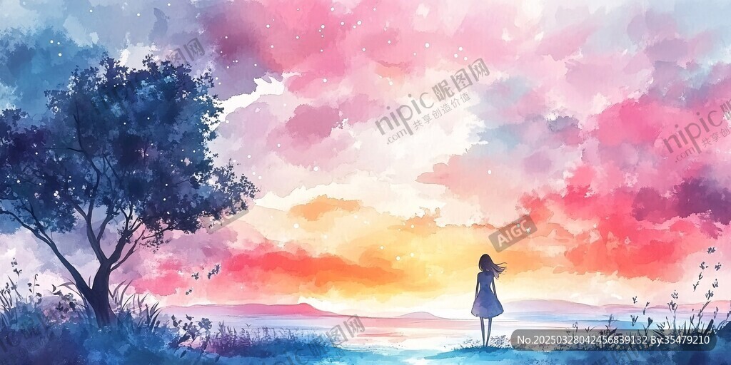少女漫步于梦幻黄昏景色
