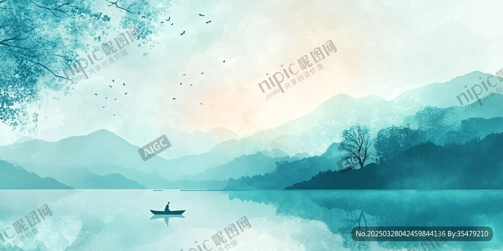 湖畔孤舟 山水诗意画卷