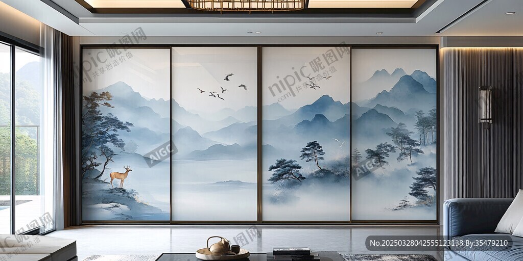 新中式山水屏风客厅美景