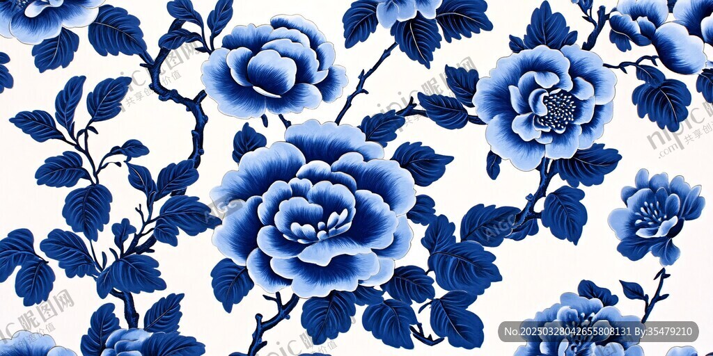 青花瓷风牡丹花卉图案