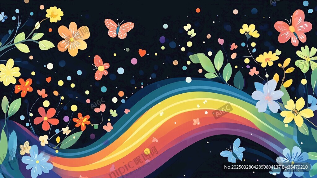 梦幻彩虹花卉蝴蝶夜景图