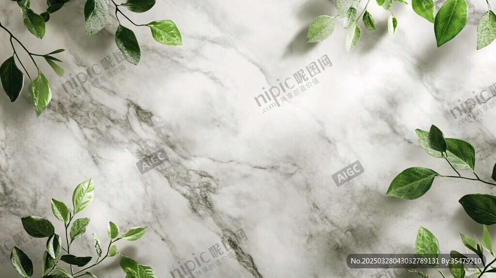 大理石上的清新绿叶点缀