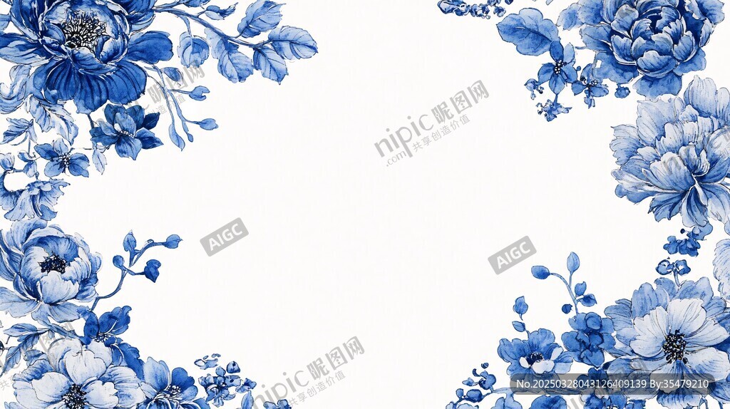 青花瓷花卉边框装饰图案