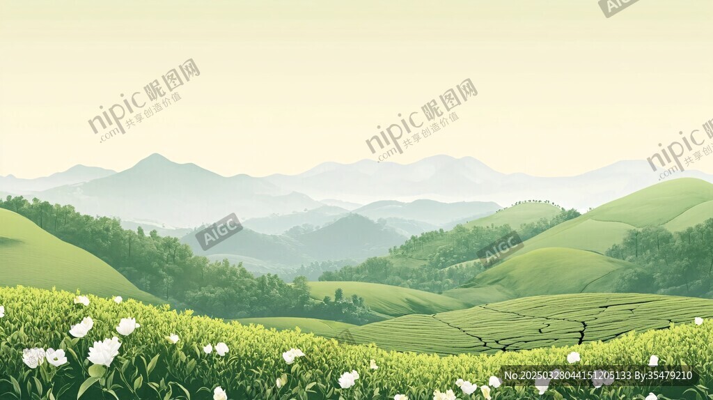 春日绿野繁花山间美景