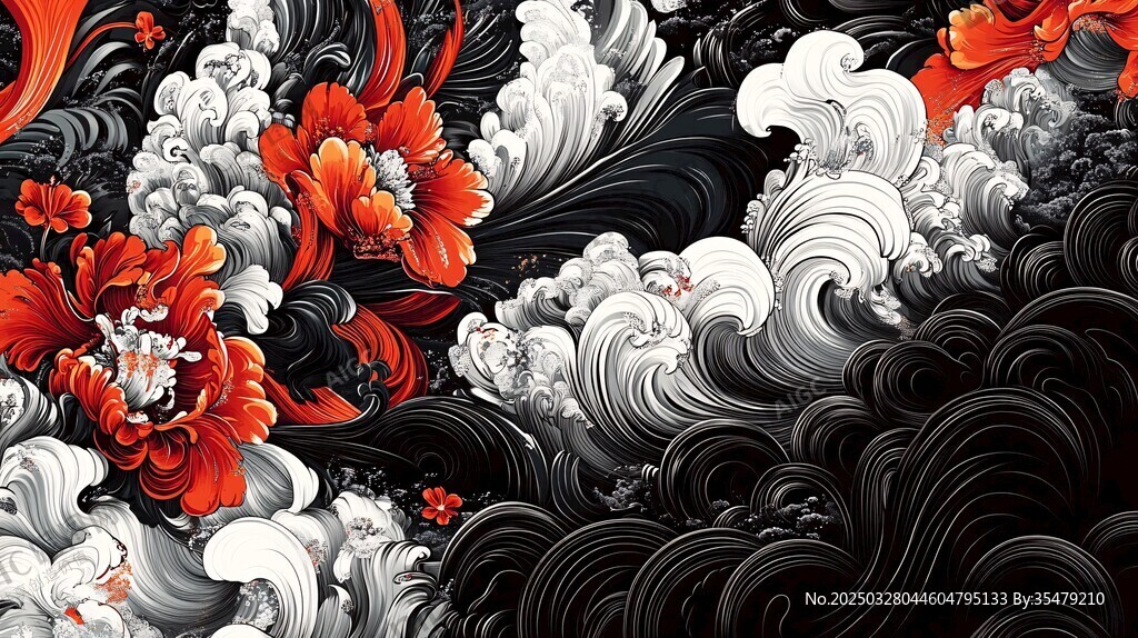 水墨风牡丹海浪纹图案