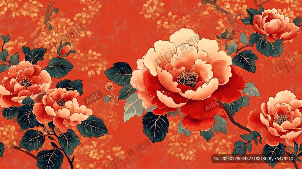 中式花卉图案 艳丽牡丹绽放
