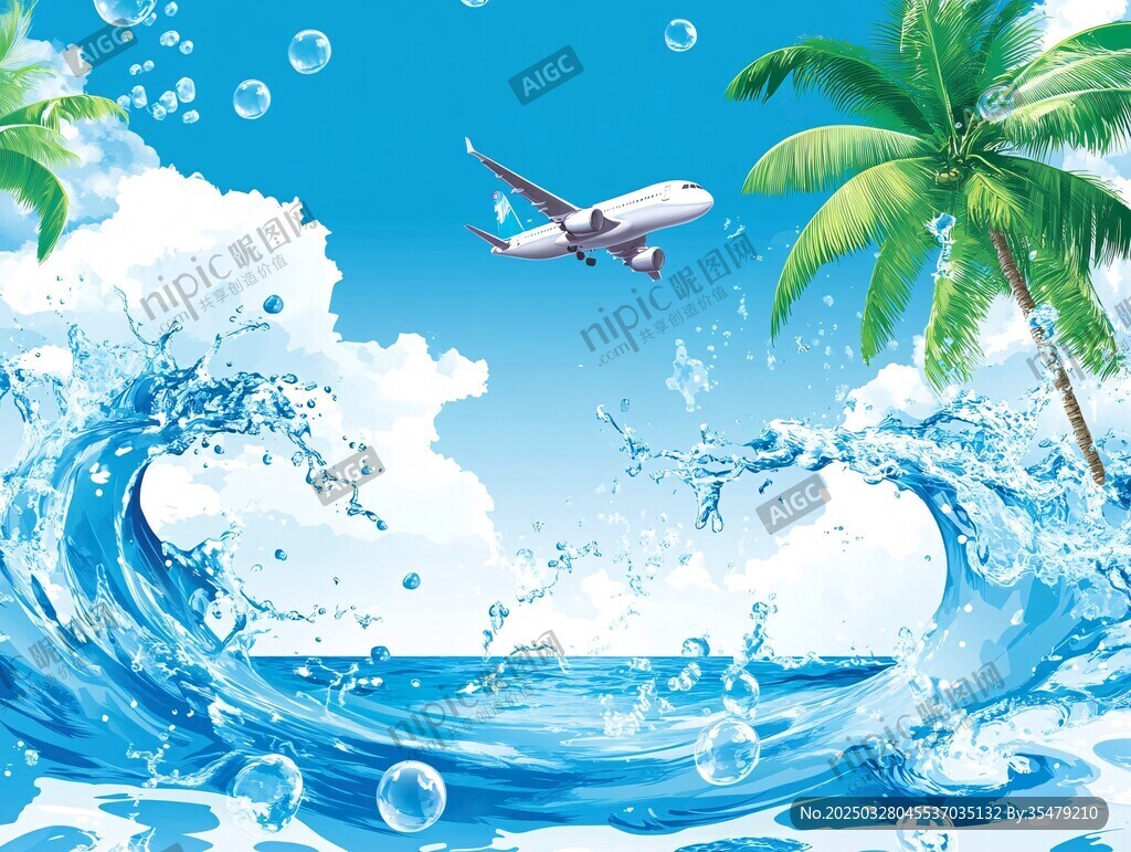 碧海蓝天飞机与椰树美景