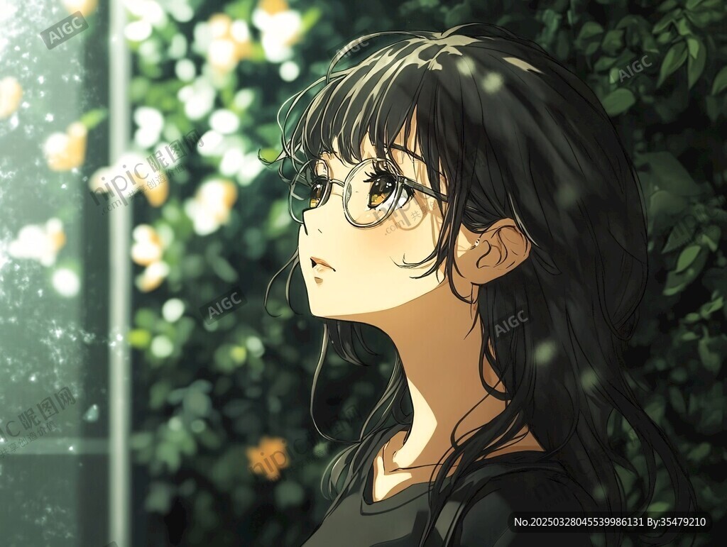 窗边戴眼镜的长发少女