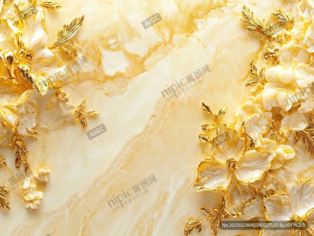 金箔花朵装饰的大理石纹理