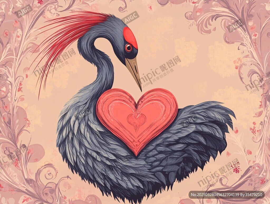 鹤怀爱心的梦幻插画
