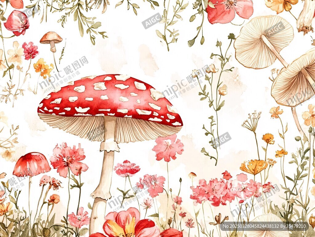 梦幻蘑菇与花卉水彩插画