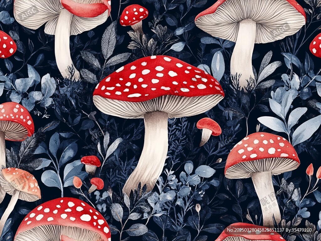 红白斑点蘑菇与植物图案