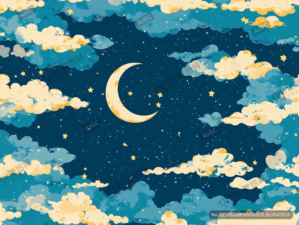 梦幻月夜云朵星空插画