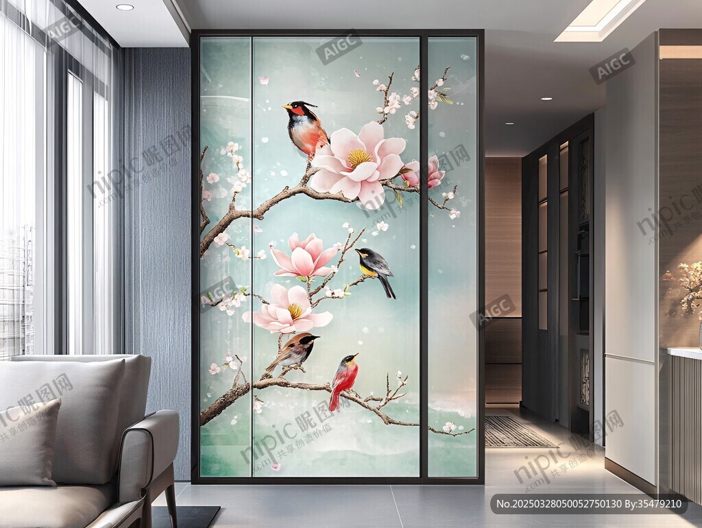 中式花鸟屏风装饰客厅