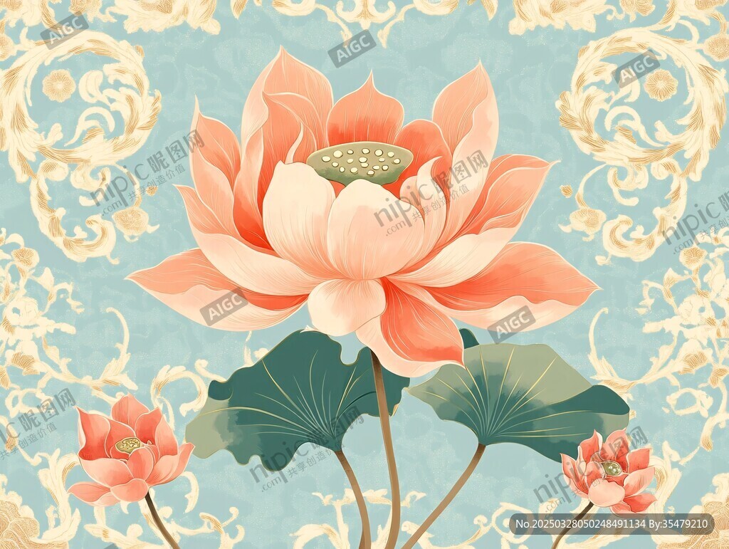中式莲花花卉复古风图案