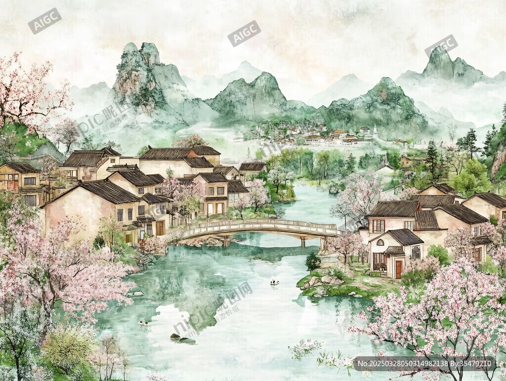 江南水乡春景水墨画