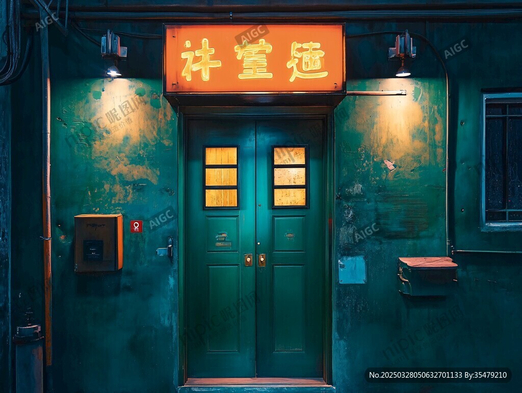 复古绿门旁的中式招牌