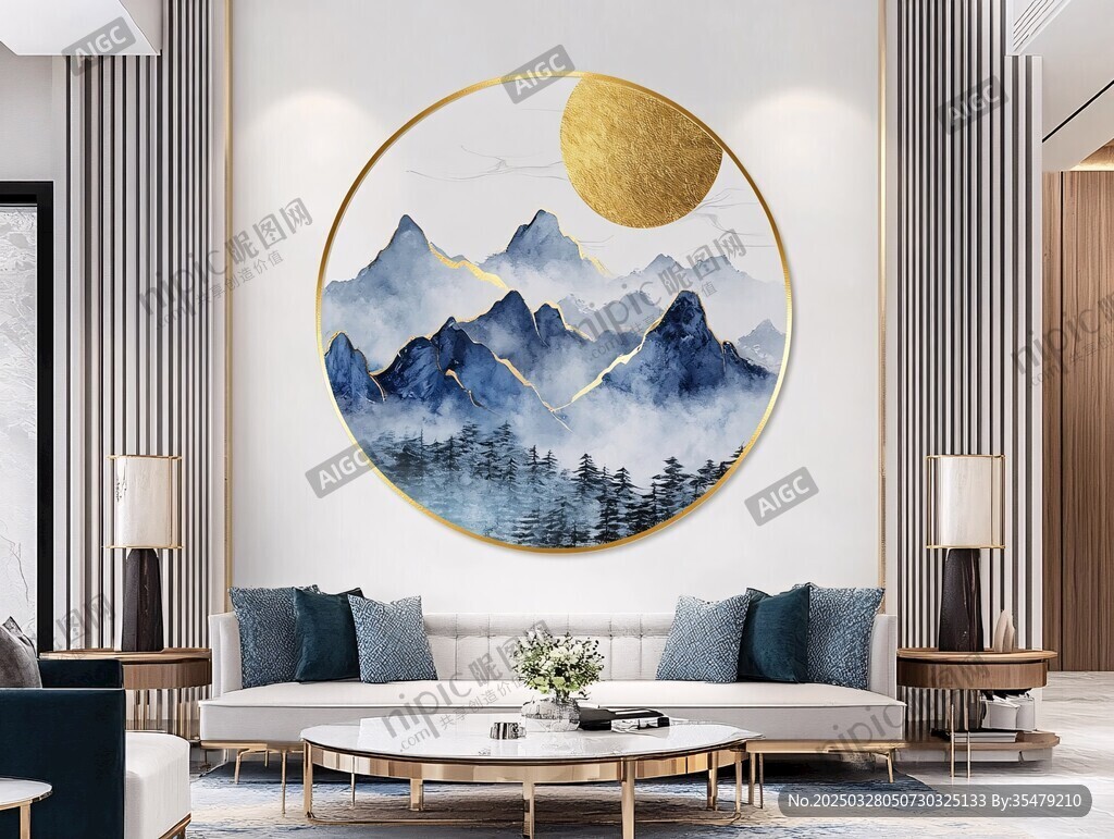 中式客厅圆形山水装饰画