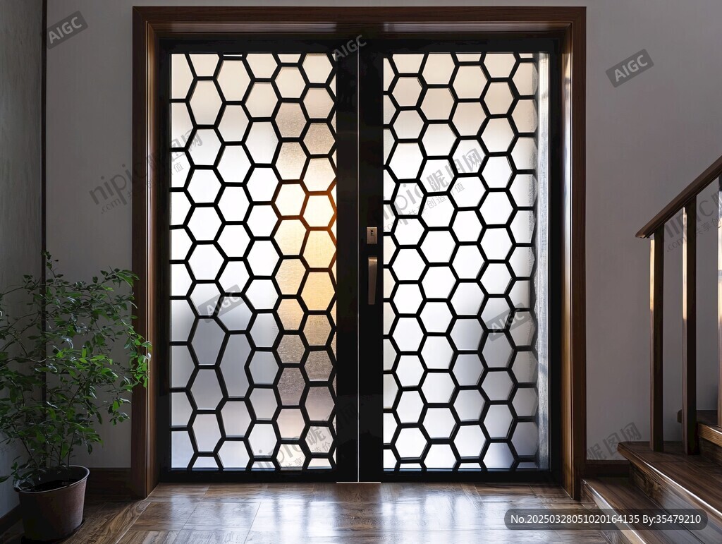 中式六边形花纹双开玻璃门