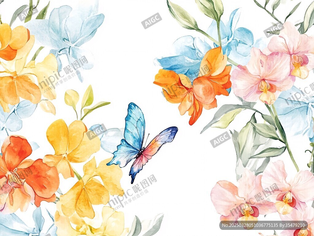 水彩花卉与蝴蝶图案