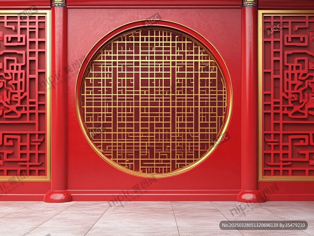 中式红墙镂空窗棂装饰