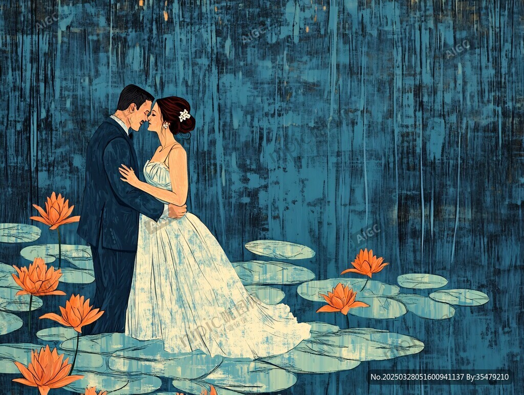 荷塘中相拥的新婚夫妇