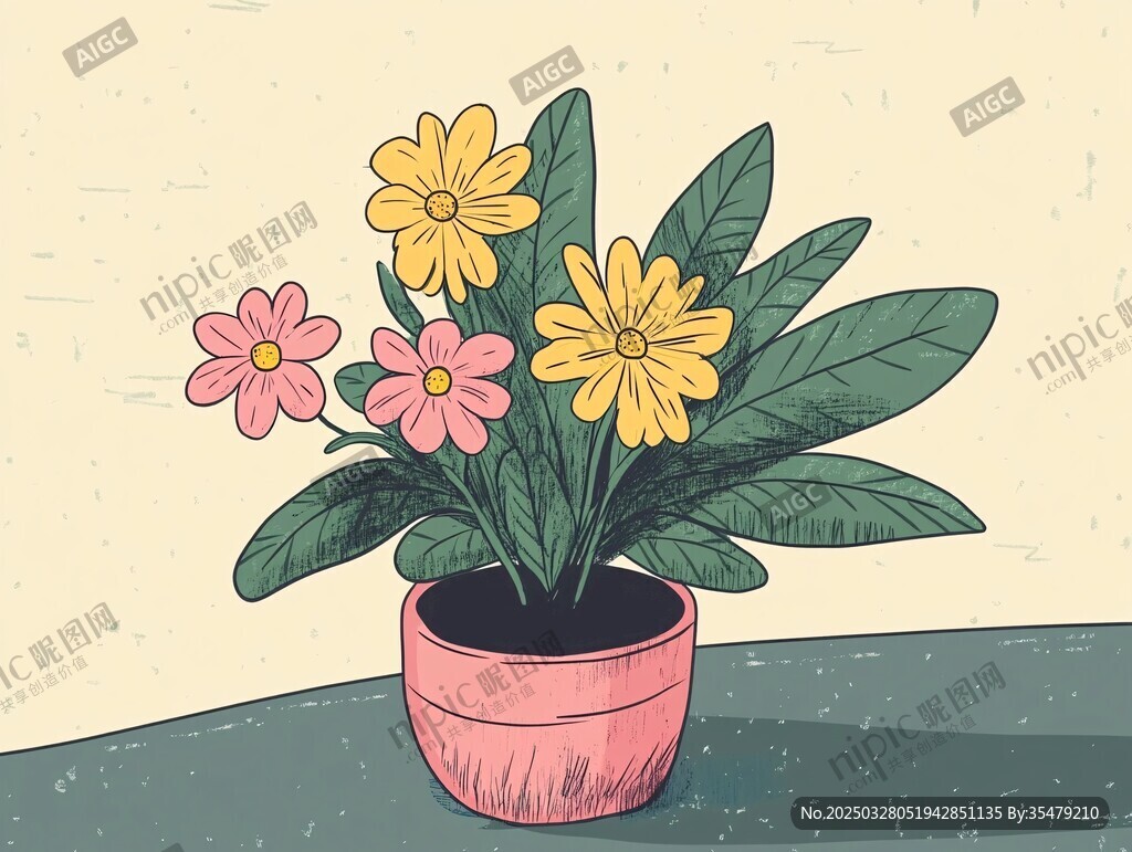 盆栽花卉插画