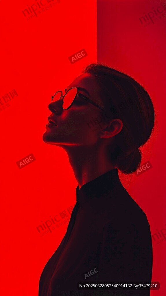 红背景下戴眼镜的女性侧影