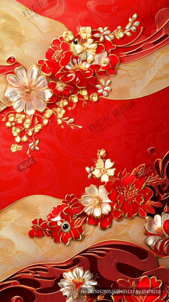 中式红金花卉纹理背景图