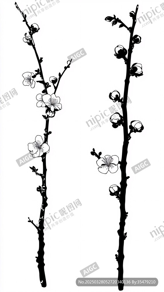 黑白梅花枝插画