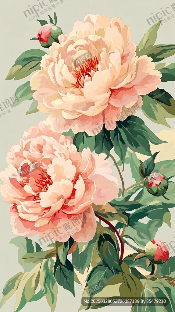 柔美粉牡丹花卉插画