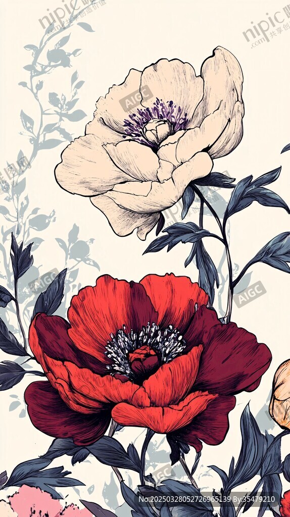 花卉插画 红白花朵与枝叶