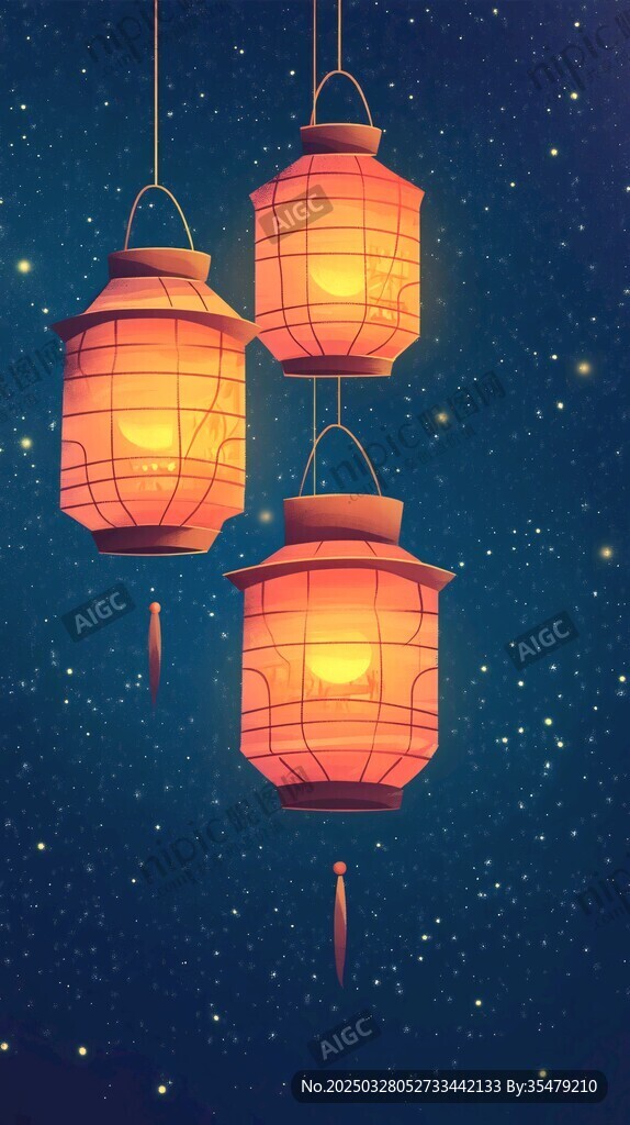 夜空中的三盏中式发光灯笼