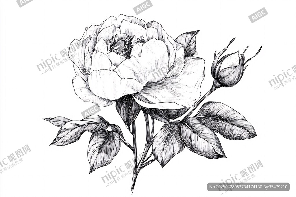 手绘白描风格盛开的玫瑰花