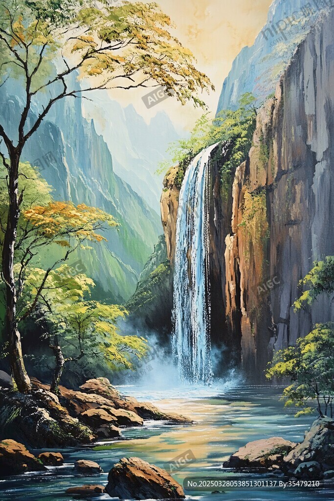 山间飞瀑下的静谧景致