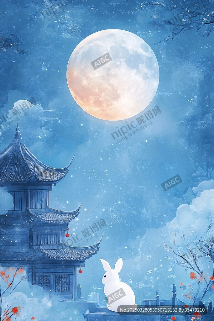 月夜白兔伴古楼