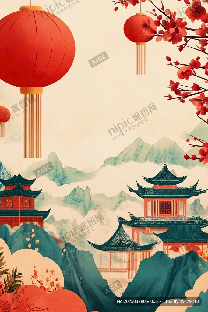 中式古风山水灯笼节庆景
