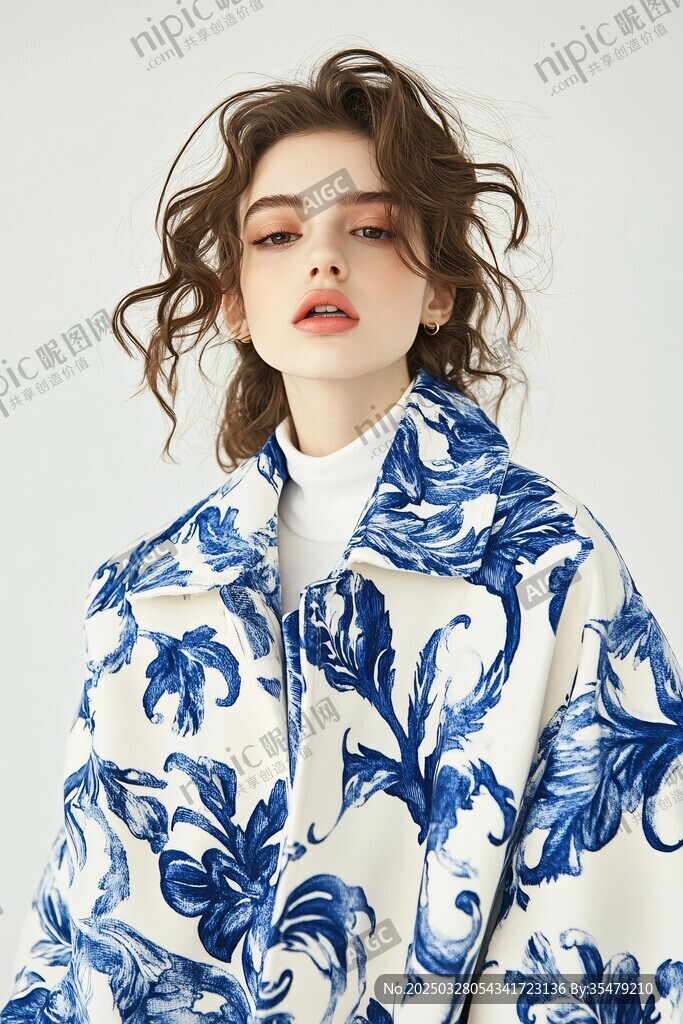 蓝白印花外套时尚模特穿搭