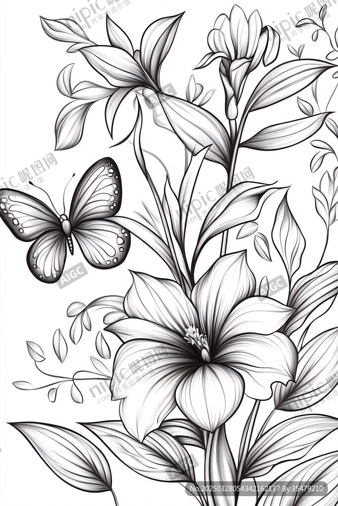黑白花卉与蝴蝶插画