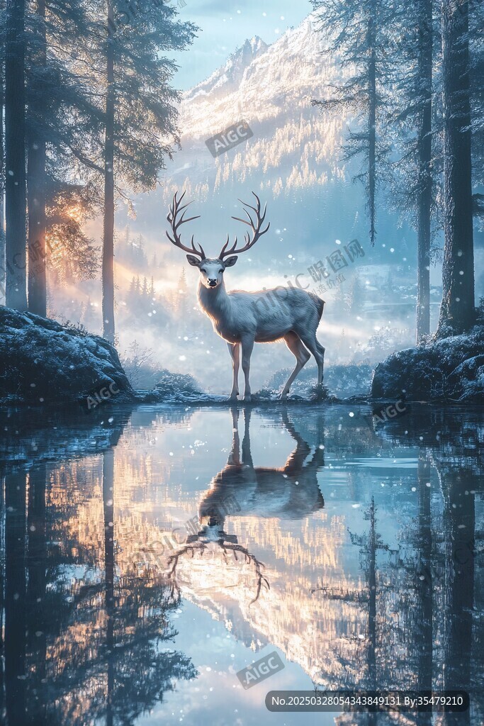 森林湖畔的梦幻白鹿