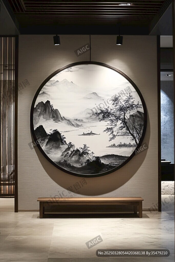 中式玄关处的山水圆形挂画